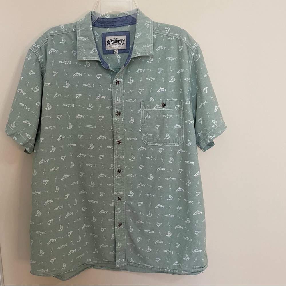North River Light Green Fish Print Short Sleeve Button Down Shirt Men’s Size XXL